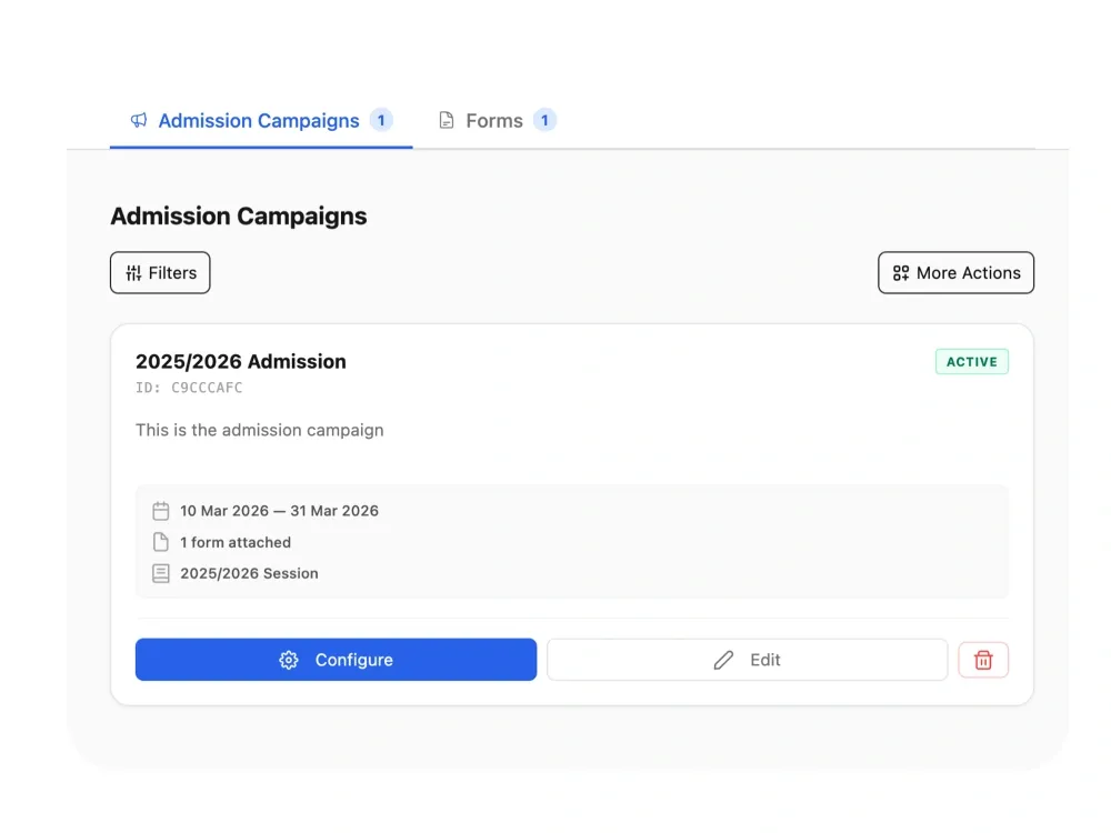 Femlify admissions dashboard showing application pipeline and enrollment overview