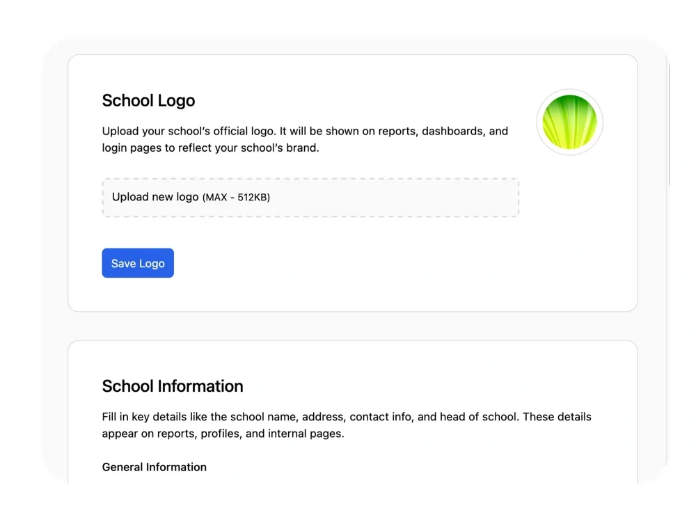 Femlify school customization dashboard showing branding, grading, and class structure settings